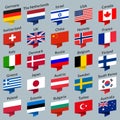 Flag icon set. National flags of the world in origami style. Different nation and country emblems. Vector illustration.